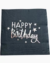 Serviettes Black with Silver Happy Birthday