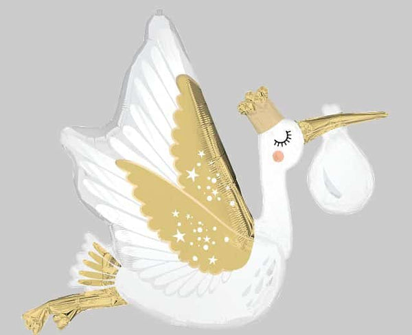 White and Gold Stork Supershape Foil Balloon 35 inch 88 cm