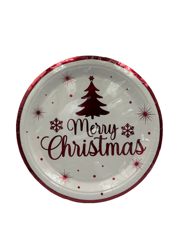Merry Christmas Paper Plates Metallic Red & White