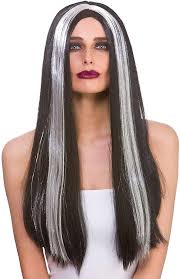 Long Black Wig With Silver Streak